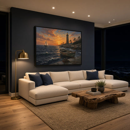 Black-framed coastal canvas featuring a lighthouse, sailboat, and boat on dark waves