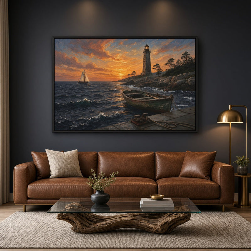 Framed coastal lighthouse canvas with a rowboat, sailboat, and choppy sea at sunset