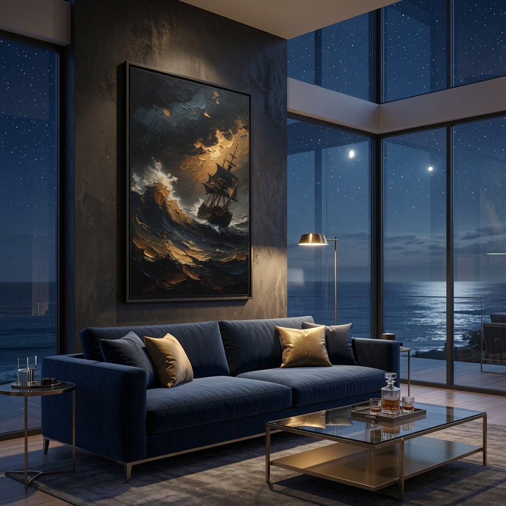Framed stormy sailing ship wall art, black frame, sea foam and golden storm light