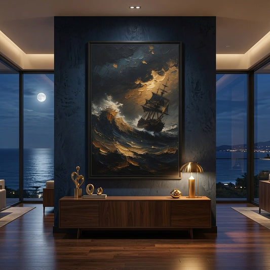 Framed stormy sailing ship wall art on matte canvas, black frame, waves and clouds