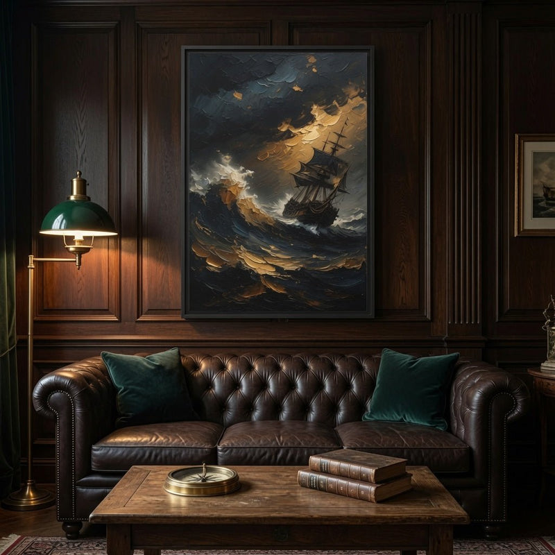 Framed stormy sailing ship wall art, matte canvas print with dark sea and warm highlights
