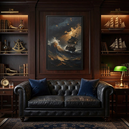 Framed stormy sailing ship wall art with black frame and textured matte canvas
