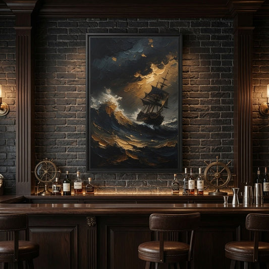 Framed stormy sailing ship wall art with golden waves and dark blue sky, black matte canvas