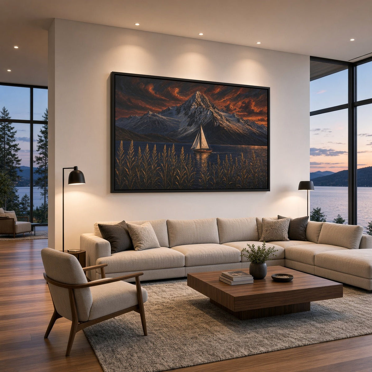 Framed mountain sailboat canvas hung on wall with fiery sunset clouds and dark reed field