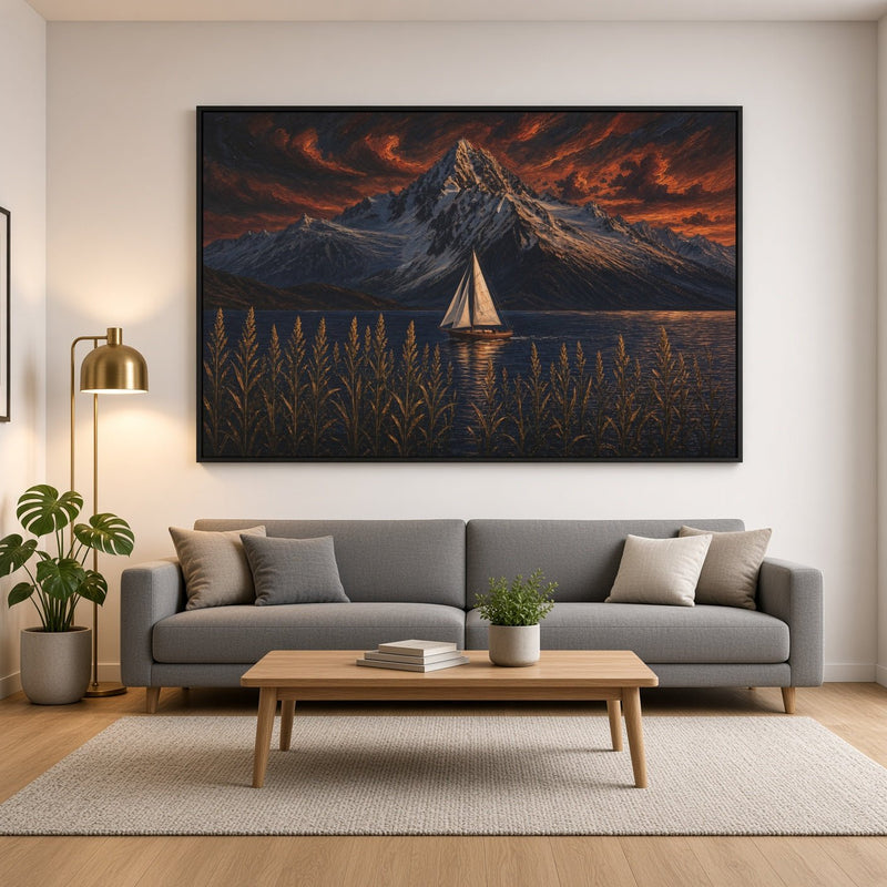 Black-framed wall canvas featuring sailboat, mountain peak, and dark reeds at sunset