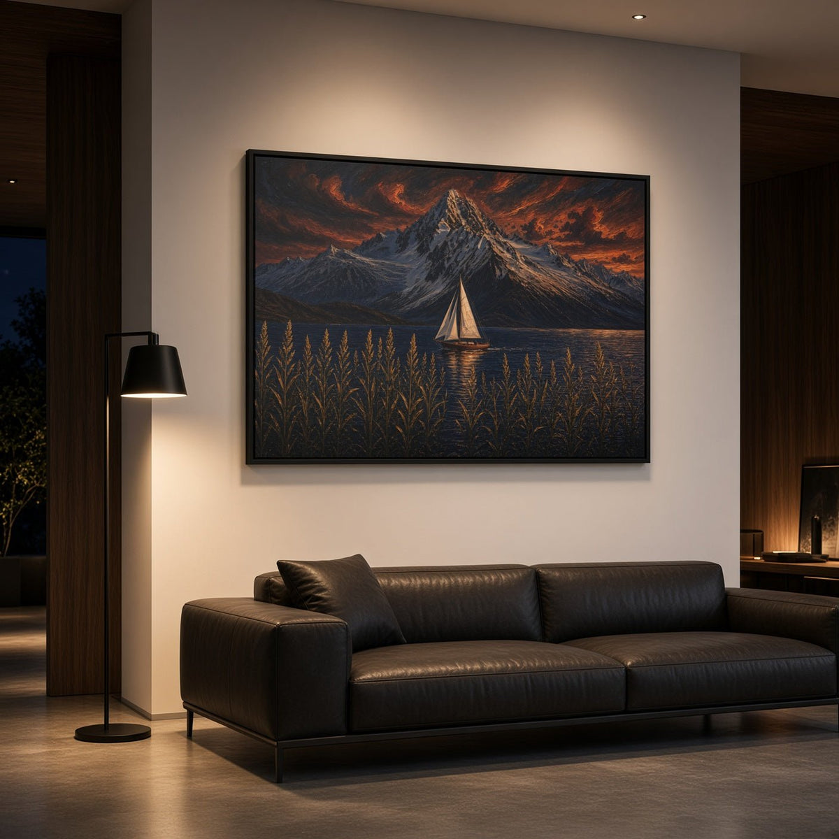 Black-framed sailboat mountain canvas on wall with orange storm clouds and water reflections