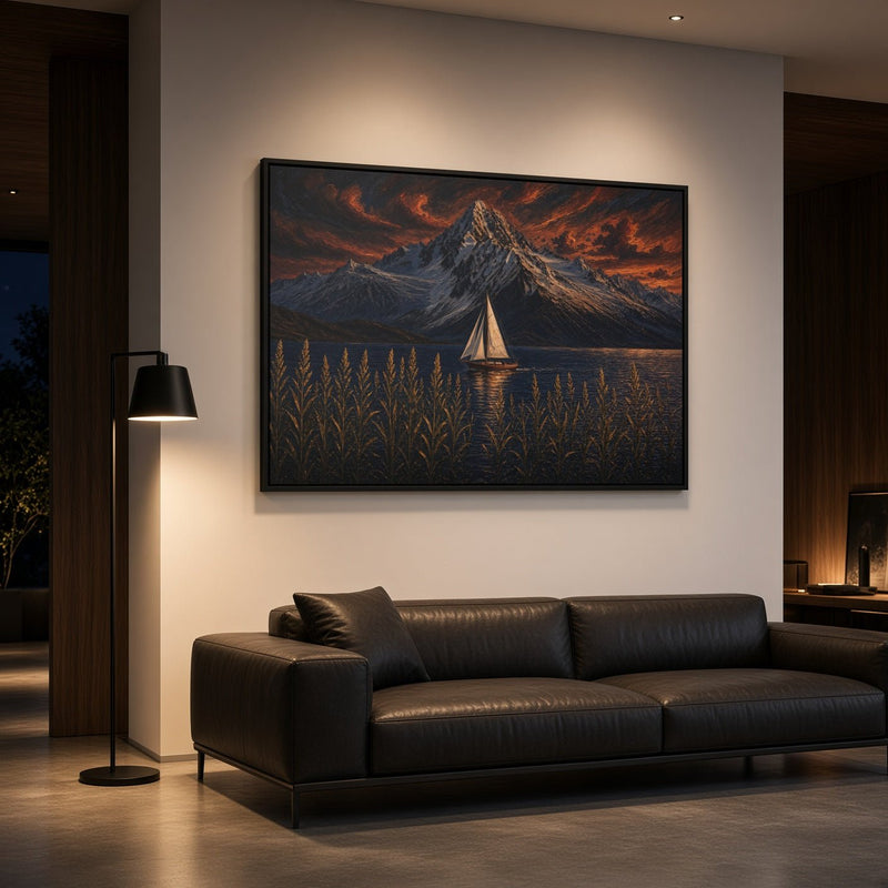 Black-framed sailboat mountain canvas on wall with orange storm clouds and water reflections