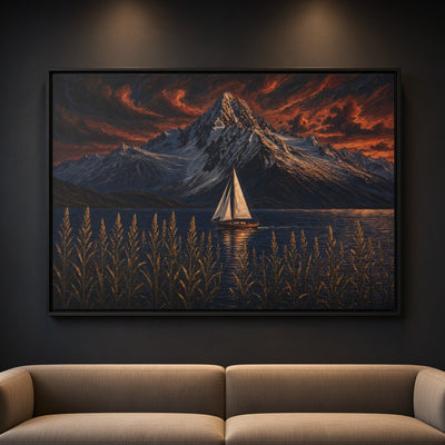 Close-up framed canvas wall art with sailboat, mountain peak, and tall dark grasses
