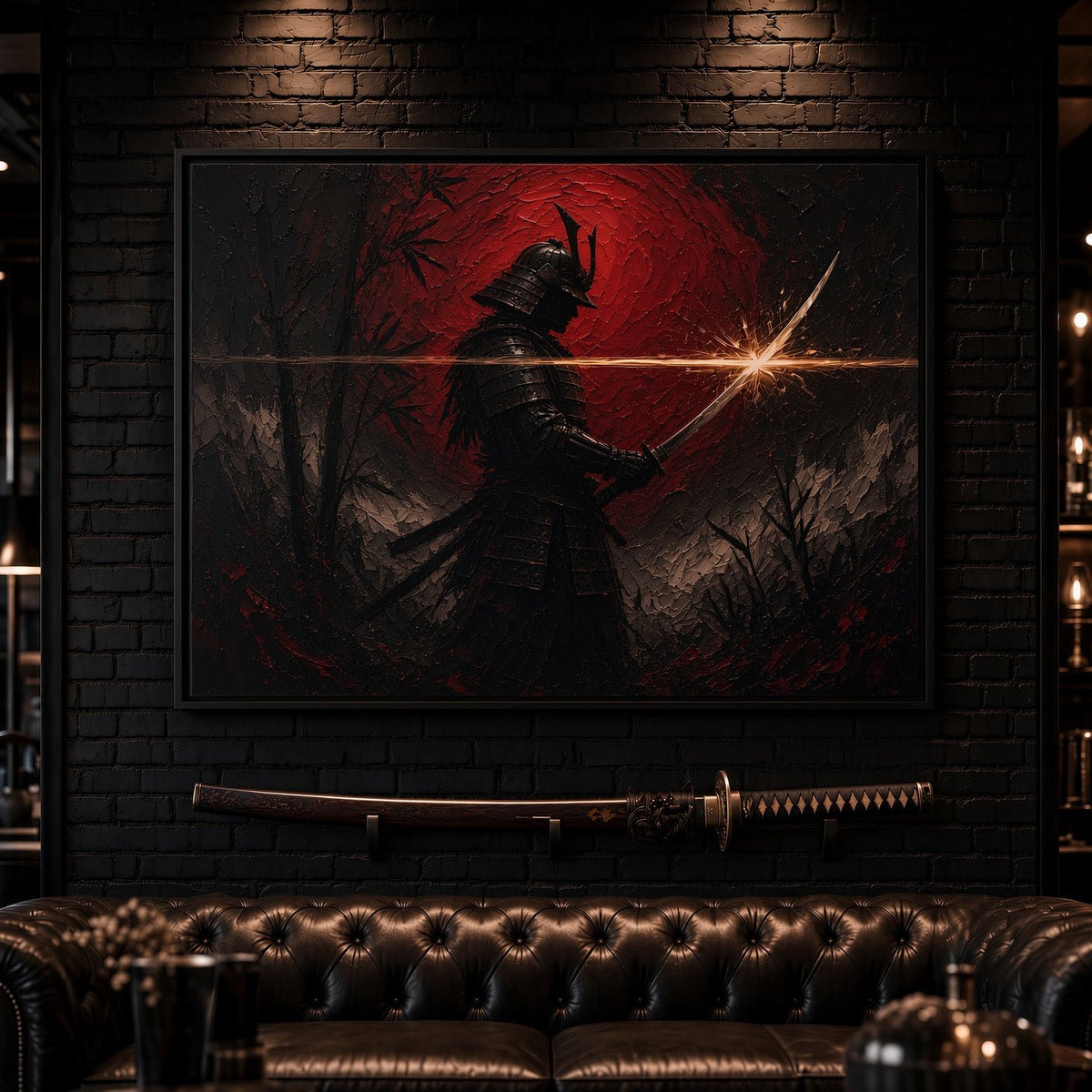 Framed canvas close-up of black samurai with red lighting, bright sword flare
