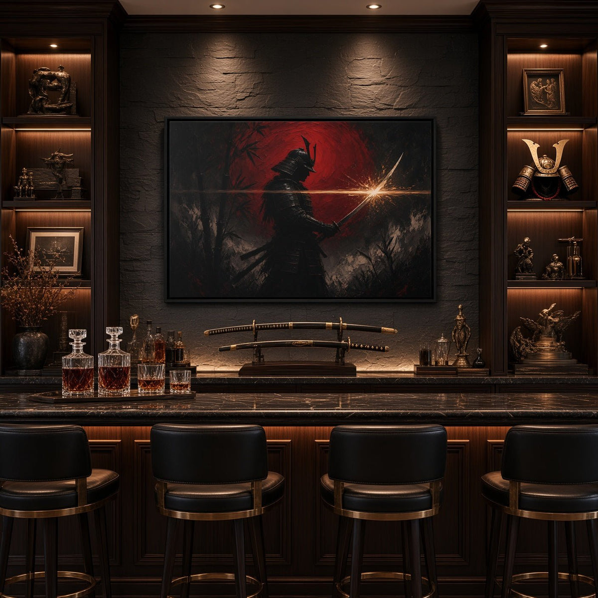 Framed canvas wall art with black warrior silhouette, red backdrop, glowing sword flare