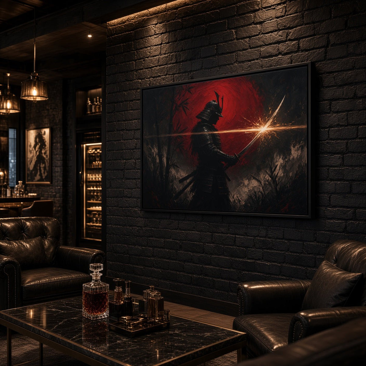Framed canvas with black samurai silhouette, red splashes, star-like sword glow