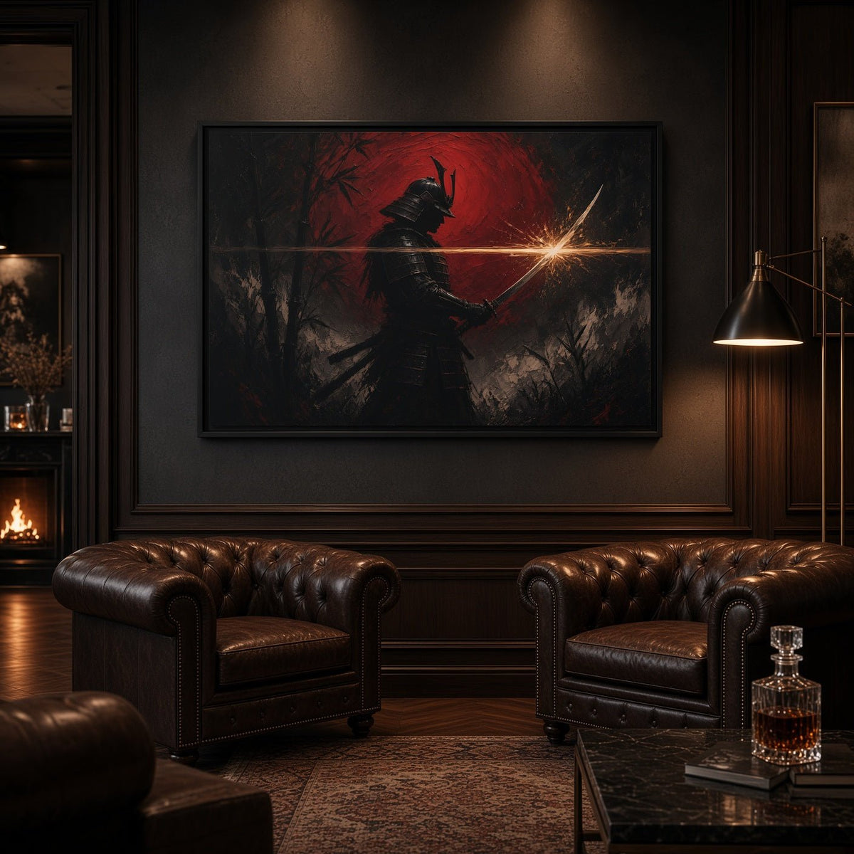 Framed canvas with black warrior holding a weapon, red highlights, glowing light streak