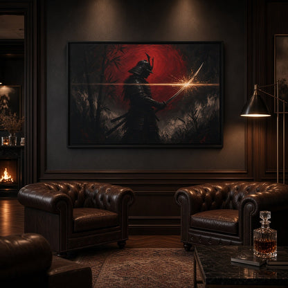Framed canvas with black warrior holding a weapon, red highlights, glowing light streak