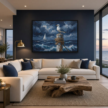 Coastal wall canvas depicting a seagull on a post over choppy water, with a sailboat.