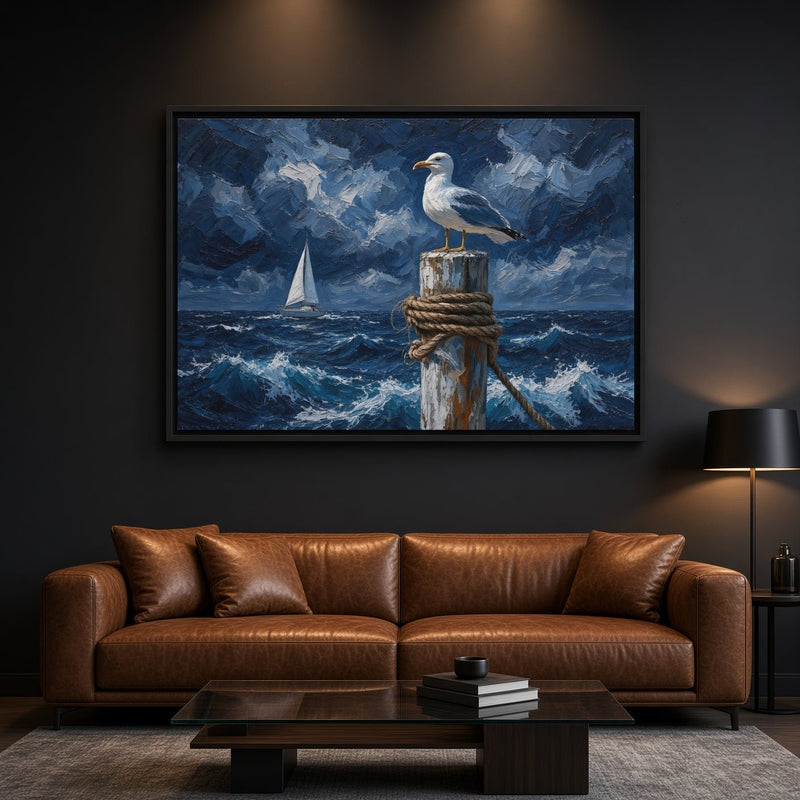 Coastal canvas print of a seagull perched on a rope-wrapped post in a stormy blue seascape