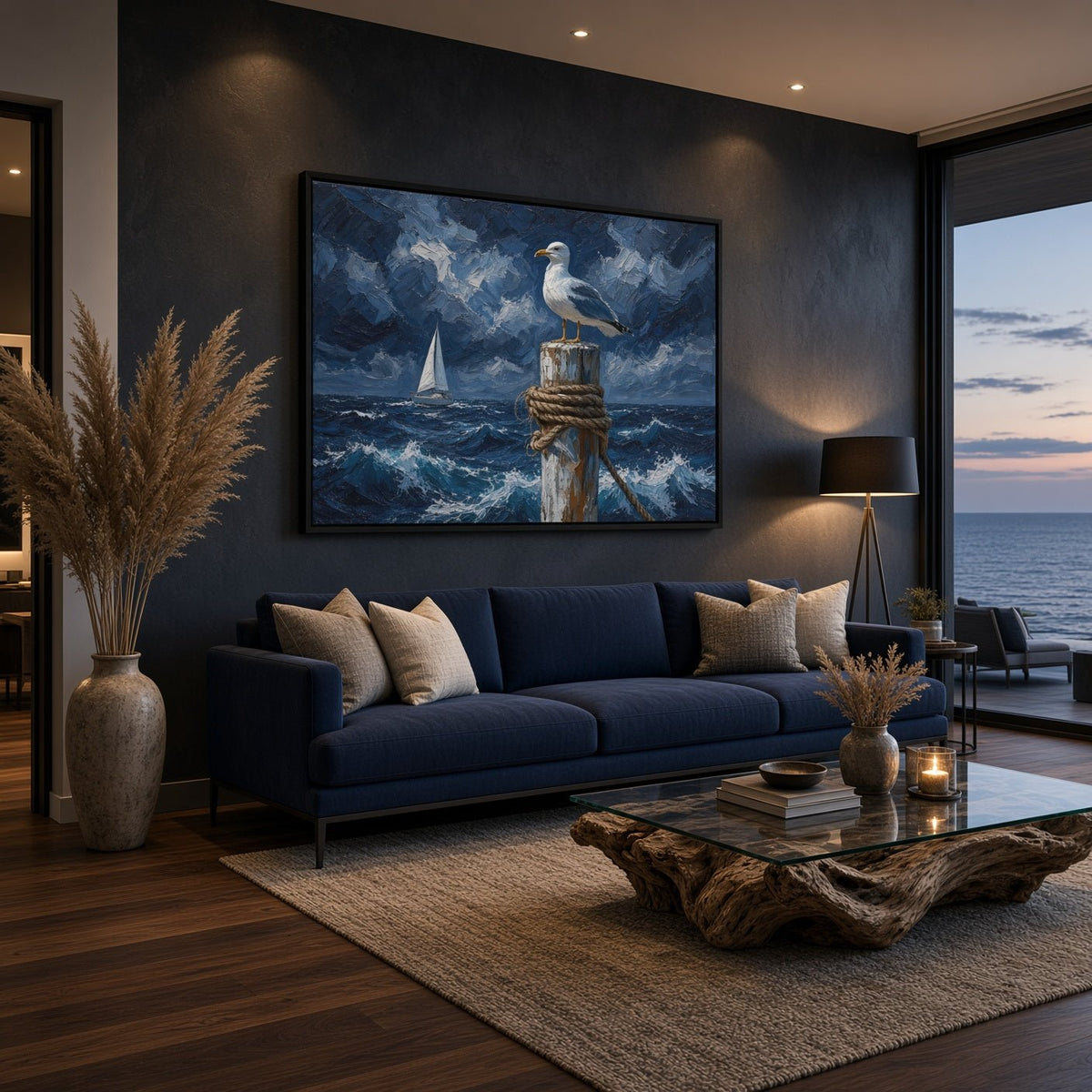 Framed ocean canvas featuring a seagull perched above rough waves and a distant sailboat.