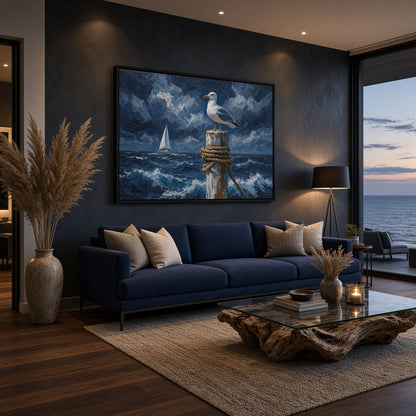 Framed ocean canvas featuring a seagull perched above rough waves and a distant sailboat.