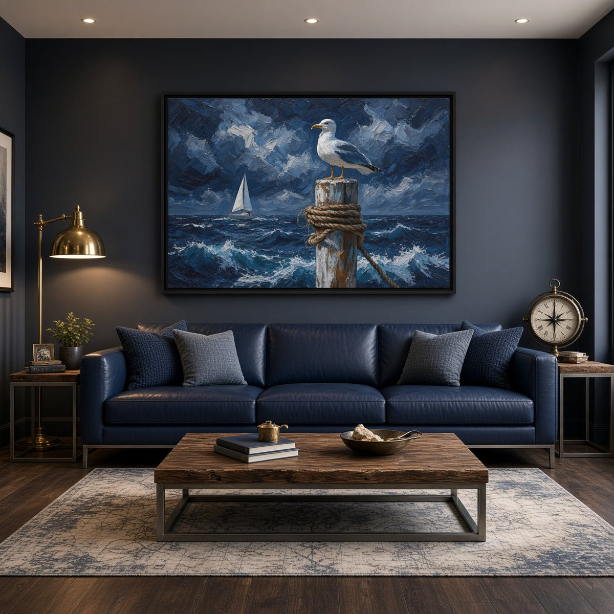 Canvas wall art of a seagull on a rope-wrapped post, with stormy waves and a sailboat.