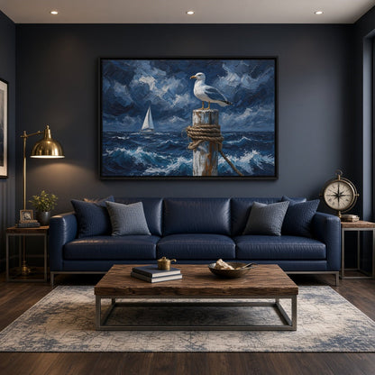 Canvas wall art of a seagull on a rope-wrapped post, with stormy waves and a sailboat.