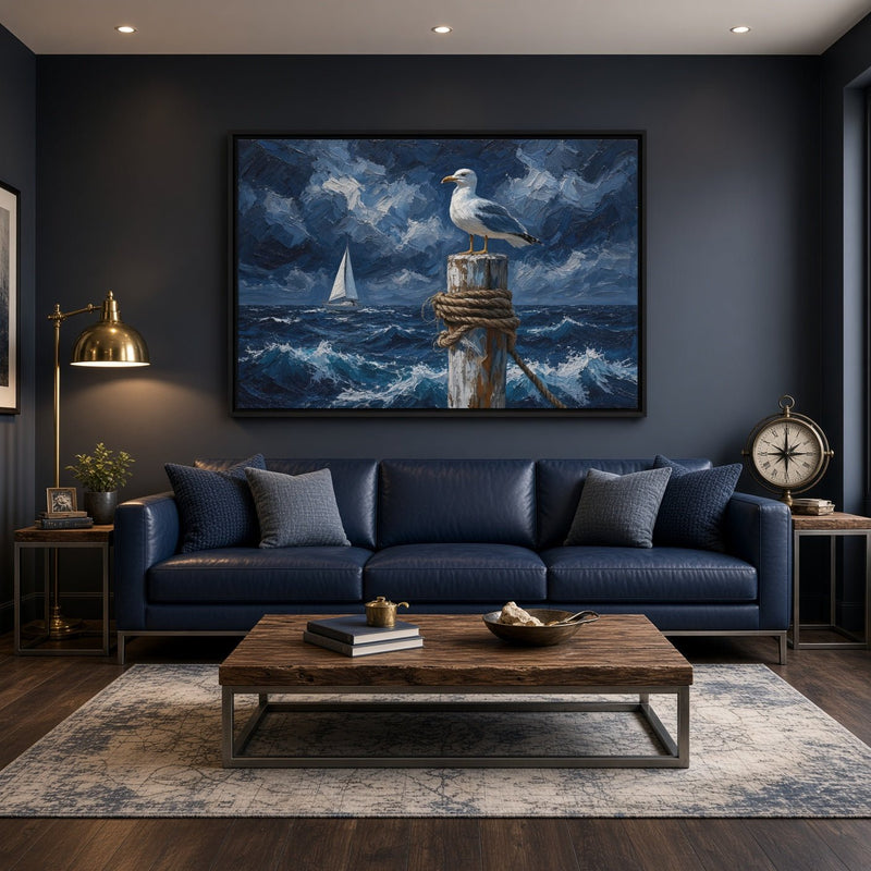 Canvas wall art of a seagull on a rope-wrapped post, with stormy waves and a sailboat.