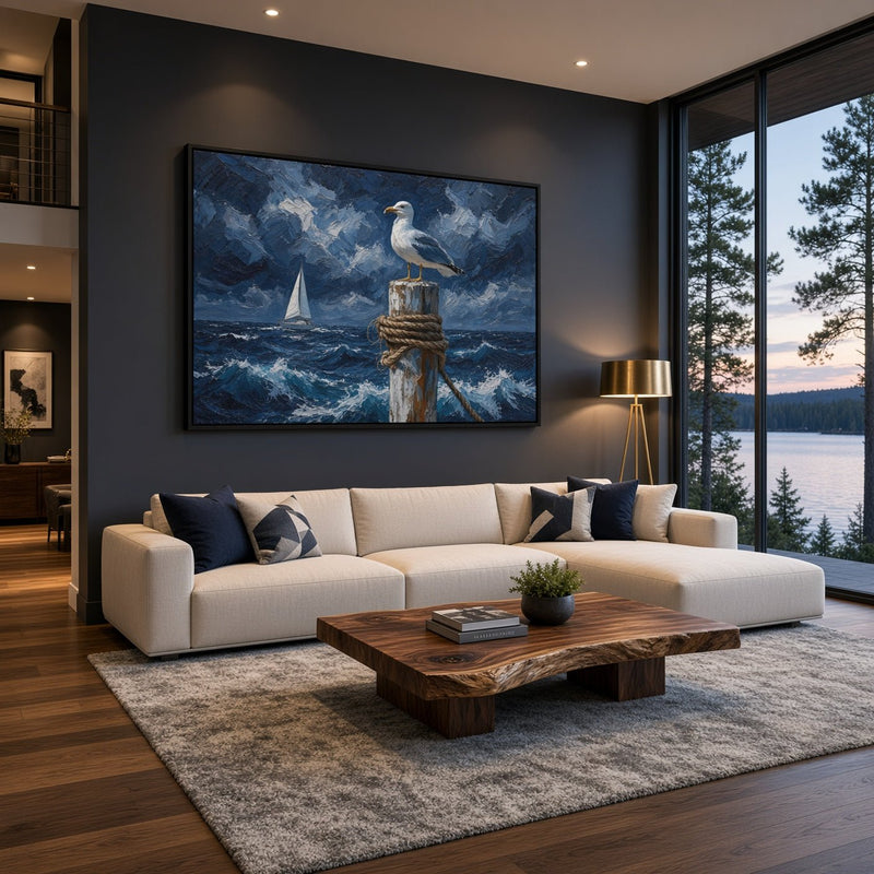 Coastal canvas print showing a seagull perched on a post amid rough seas and a sailboat.