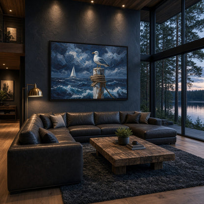 Framed coastal canvas art with a seagull, sailboat, and turbulent ocean waves.