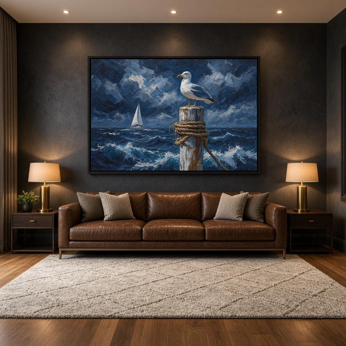 Coastal canvas wall art depicting a seagull on a rope-wrapped post above rough waves, with a sailboat.