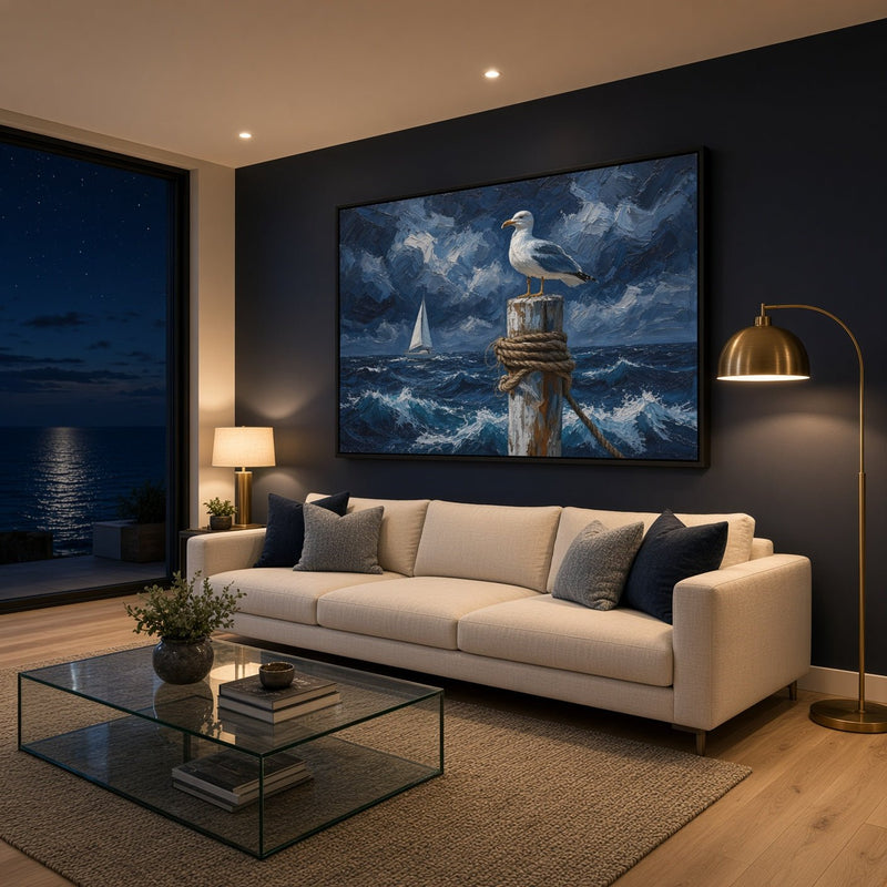 Coastal canvas print featuring a seagull on a post above rough waves, with a sailboat