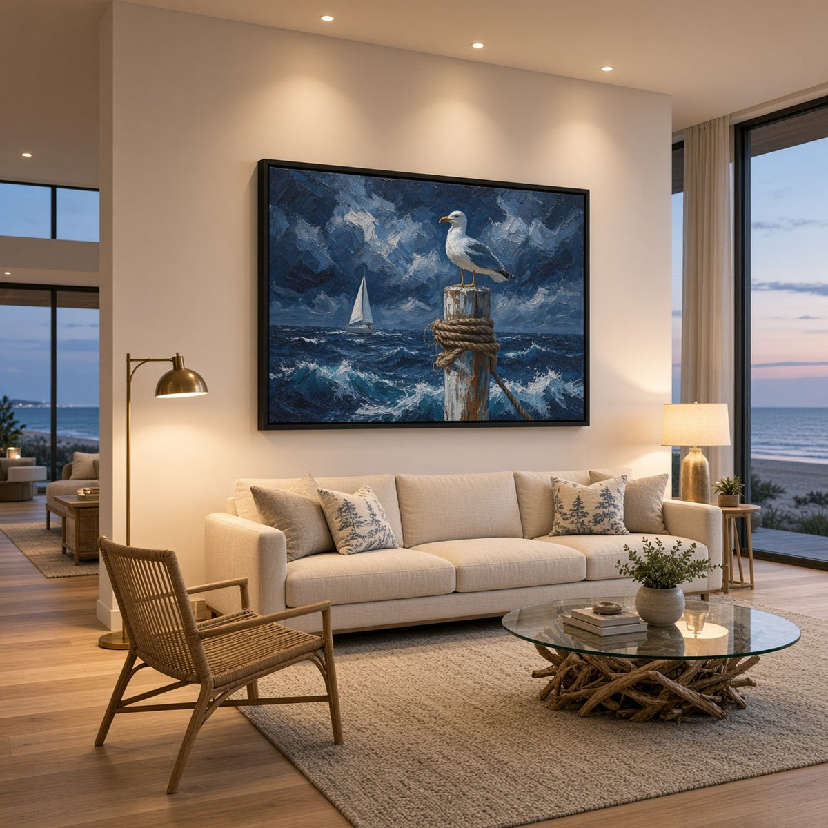 Coastal canvas artwork showing a seagull, sailboat, and crashing waves in a black frame