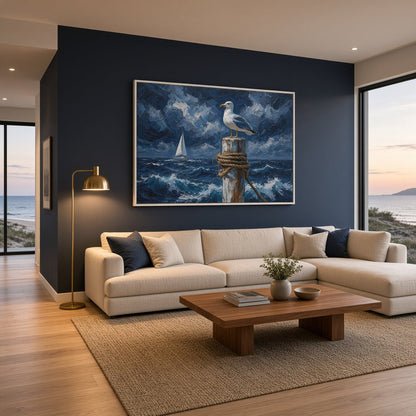 Coastal canvas print of a seagull on a post above turbulent waves, with a distant sailboat