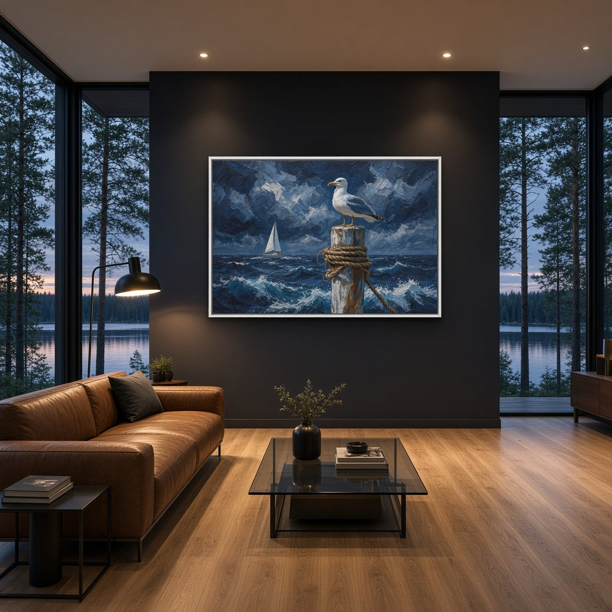 Coastal canvas print depicting a seagull on a rope-wrapped post amid choppy waves and a sailboat