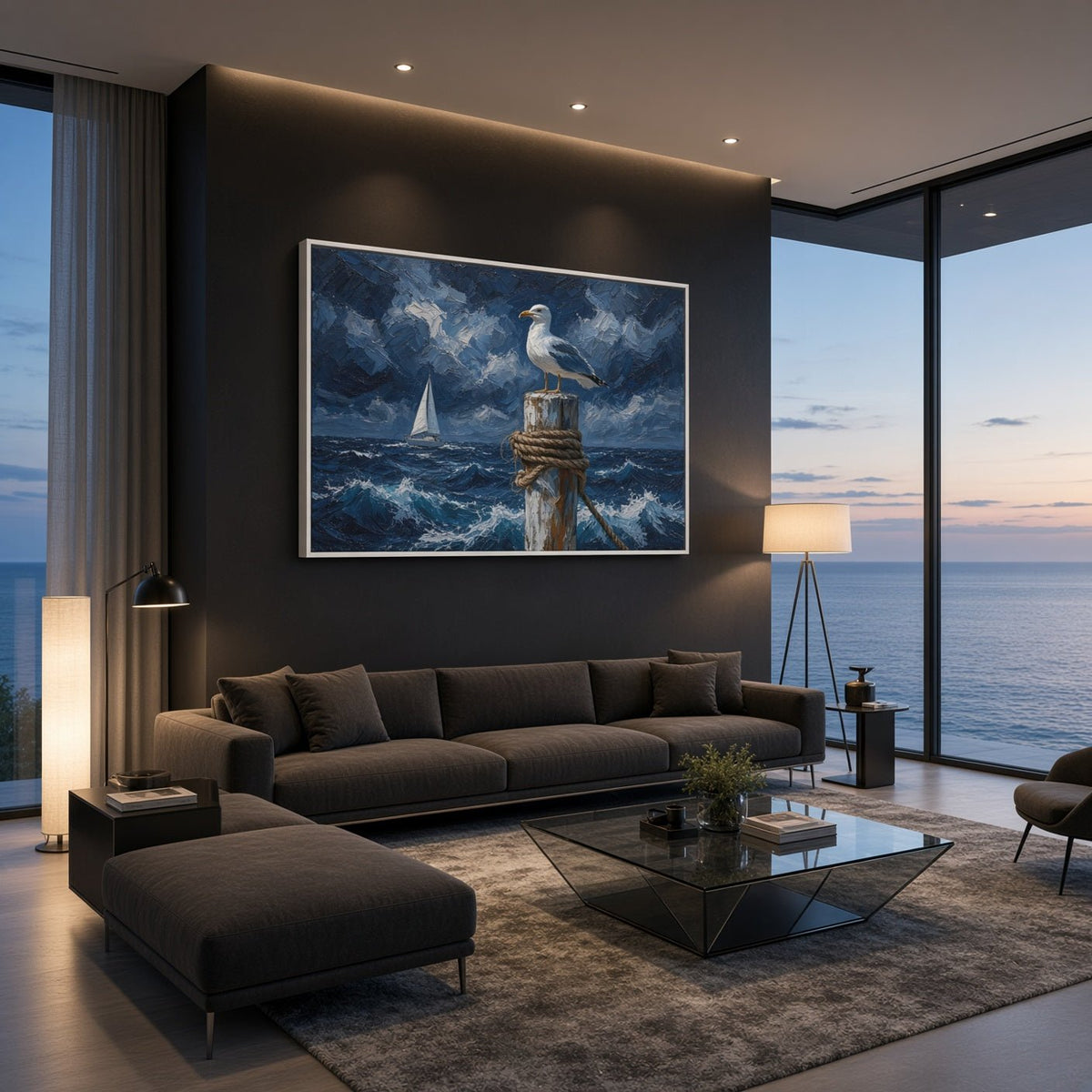 Coastal canvas artwork of a seagull above crashing waves, sailboat in the distance, in a white frame