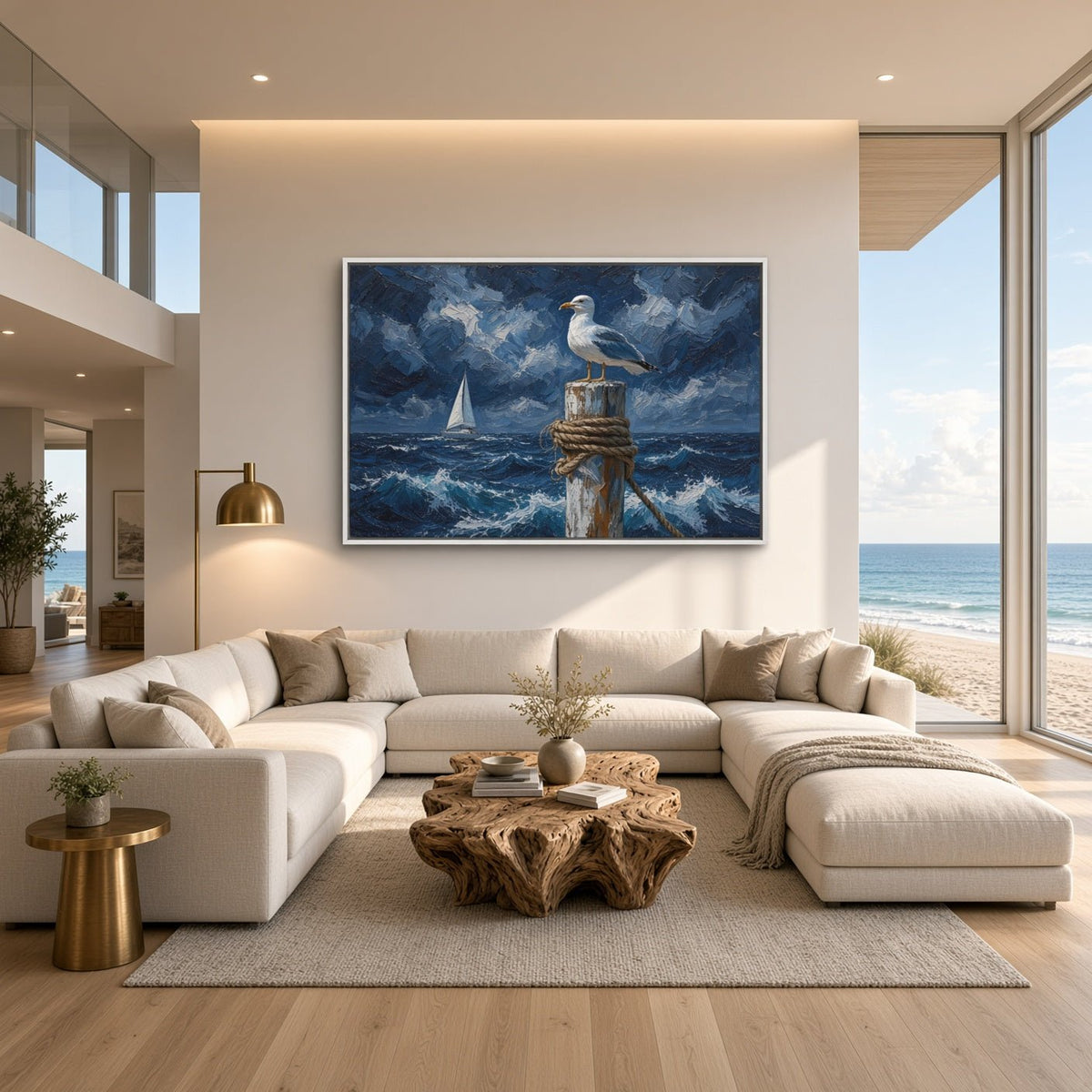 Coastal canvas print showing a seagull on a post, sailboat, and stormy blue waves, in a white frame