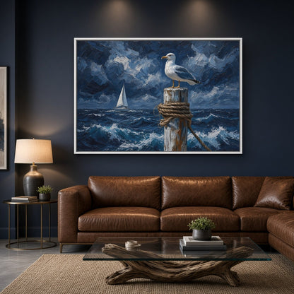 Coastal canvas print of a seagull on a rope-wrapped post above rough waves, in a white frame