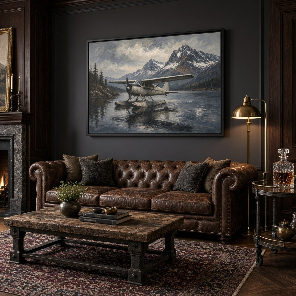 Framed canvas wall art of a seaplane on calm water with snowy mountain peaks