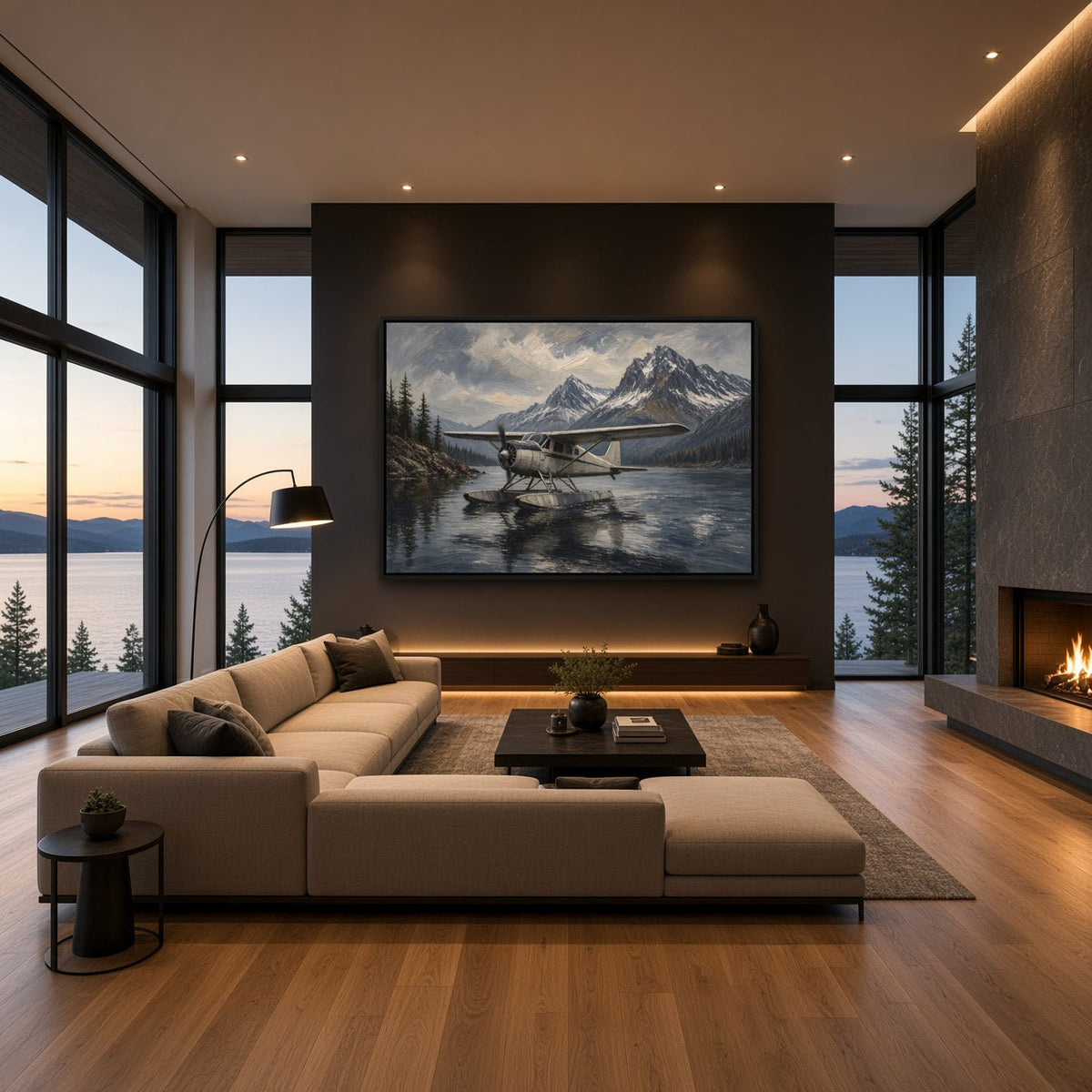 Framed canvas wall art showing a seaplane on a reflective mountain lake scene