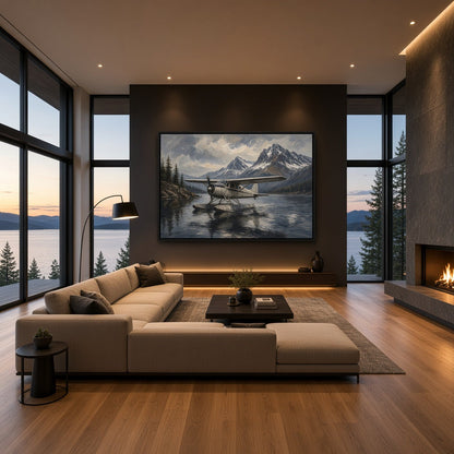 Framed canvas wall art showing a seaplane on a reflective mountain lake scene
