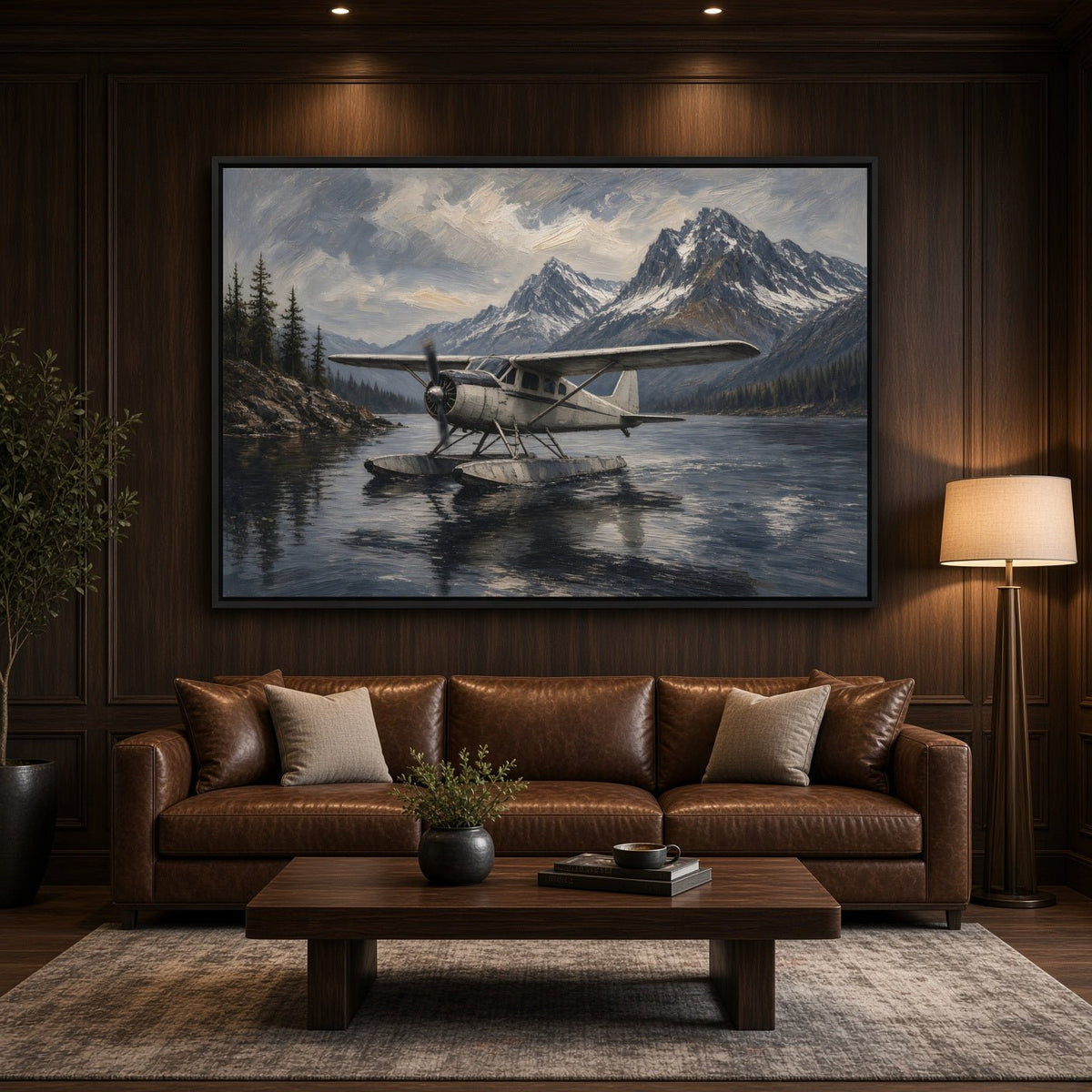 Framed canvas wall art featuring a seaplane floating on mountain water