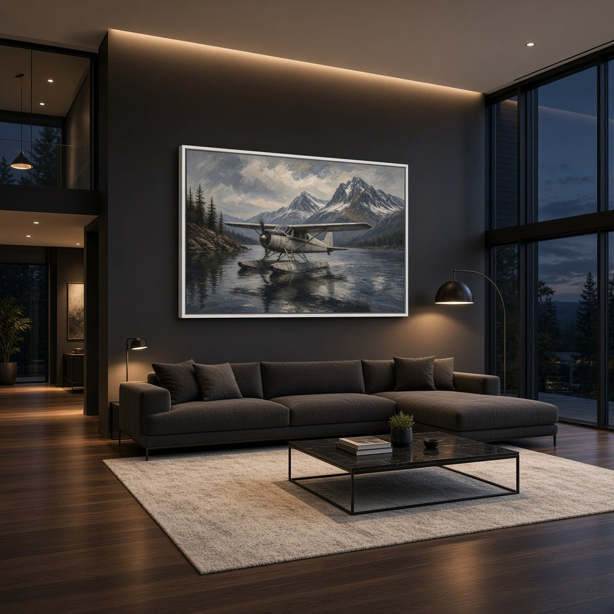 Large framed canvas wall art showing a seaplane on reflective mountain water