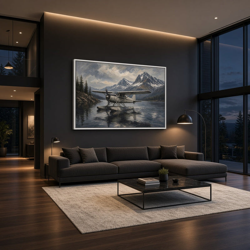 Large framed canvas wall art showing a seaplane on reflective mountain water