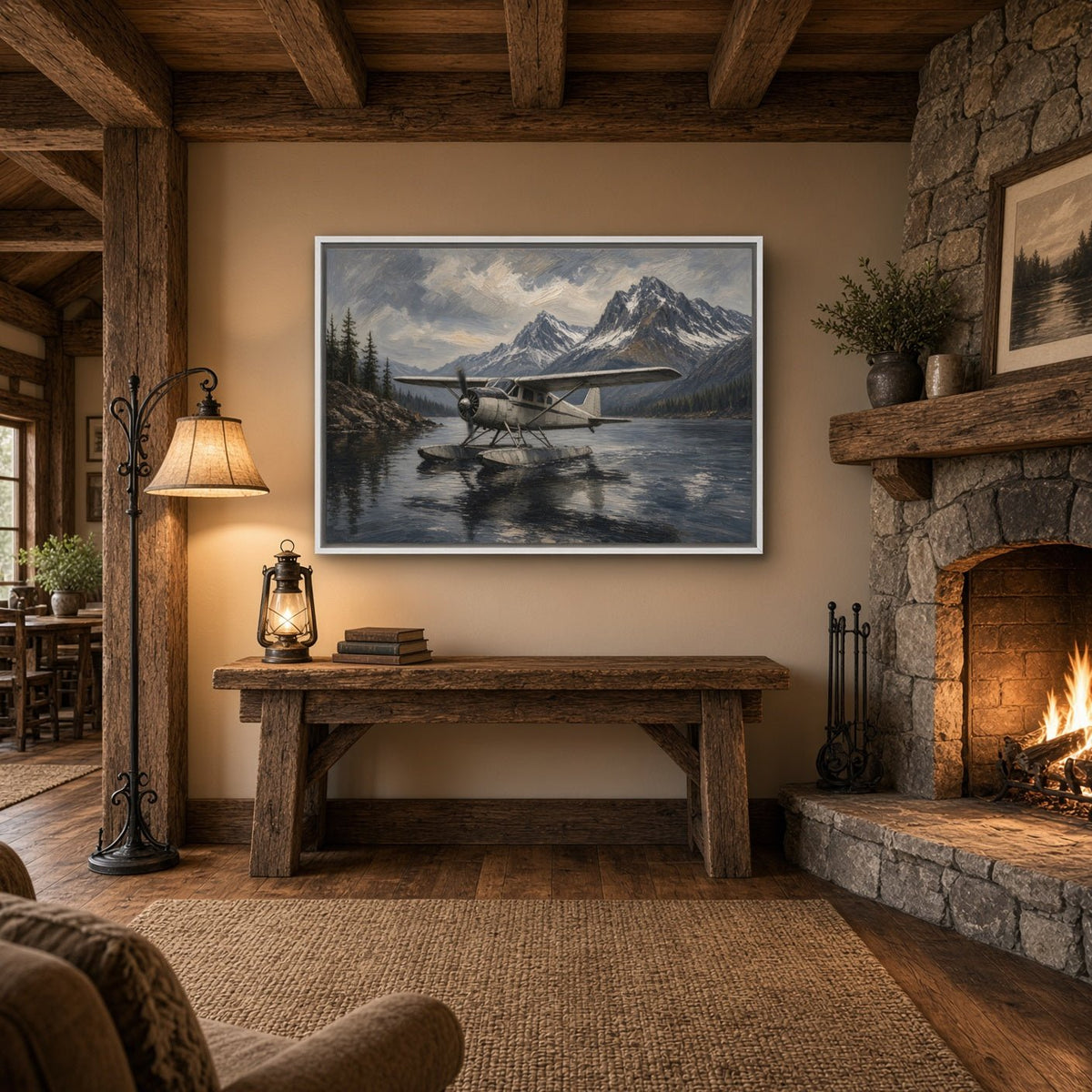 Framed canvas wall art of a seaplane on a calm mountain lake with snowy peaks