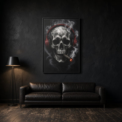 Framed skull headphones canvas print, red headphone band and smoky glowing ember.
