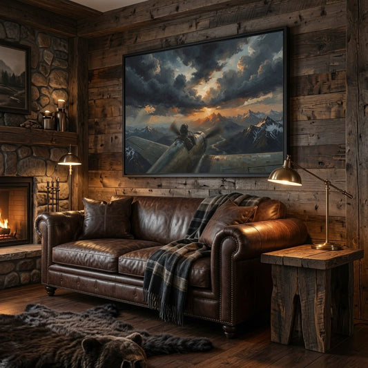Framed matte canvas wall art with black frame, vintage airplane over mountain peaks sky