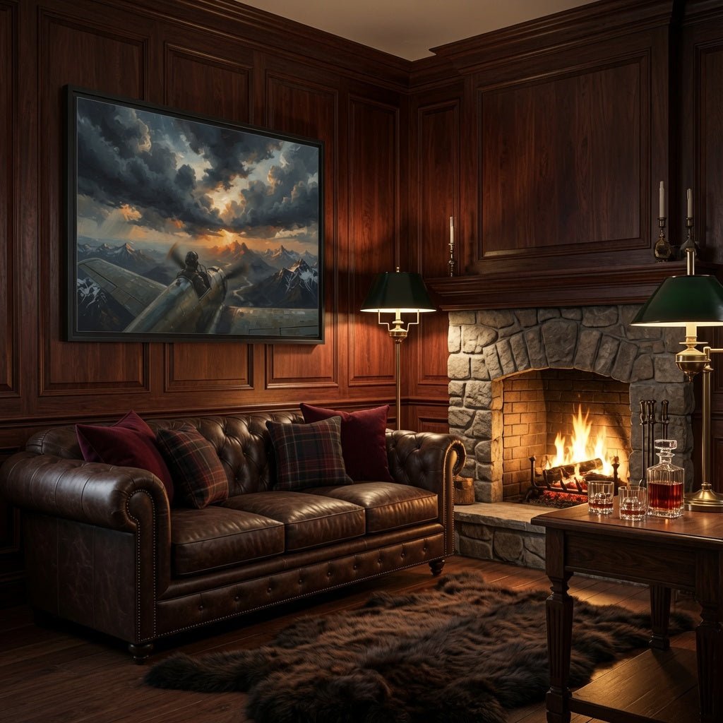 Framed matte canvas wall art, black frame with vintage airplane scene and dramatic clouds