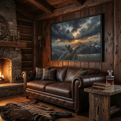 Framed matte canvas wall art with black frame showing vintage airplane over mountain landscape