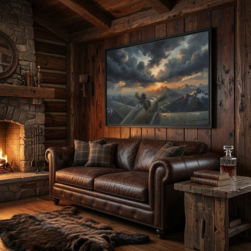 Framed matte canvas wall art with black frame showing vintage airplane over mountain landscape