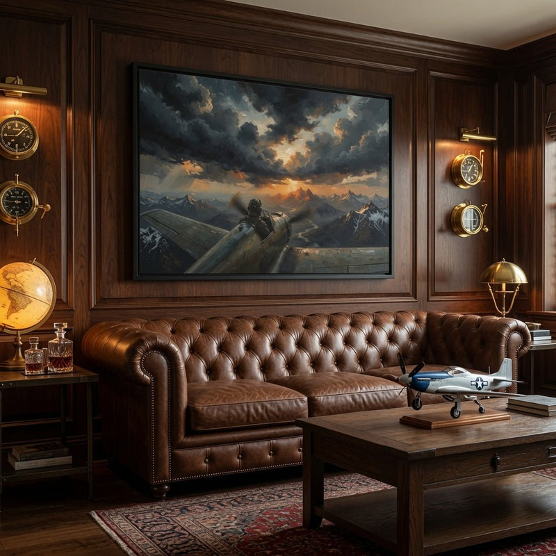 Framed matte canvas wall art, black frame featuring vintage airplane and mountain peaks