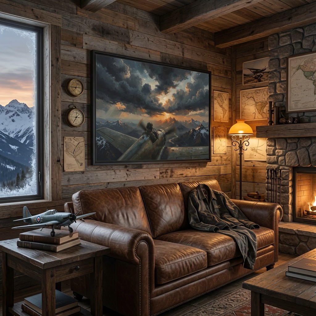 Framed matte canvas wall art with black frame and vintage airplane over snowy mountains