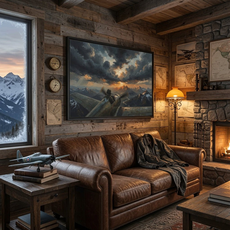 Framed matte canvas wall art with black frame and vintage airplane over snowy mountains