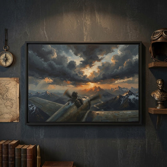 Framed matte canvas wall art, black frame with vintage airplane and cloudy sunset sky